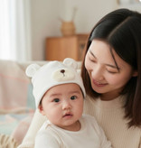 کلاه بچگانه پاییزی و بهاری نخ پنبه کبریتی تریکو طرح تدی سفید کرم قهوه ای ۱ تا ۳سال