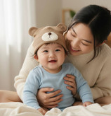 کلاه بچگانه پاییزی و بهاری نخ پنبه کبریتی تریکو طرح تدی سفید کرم قهوه ای ۱ تا ۳سال