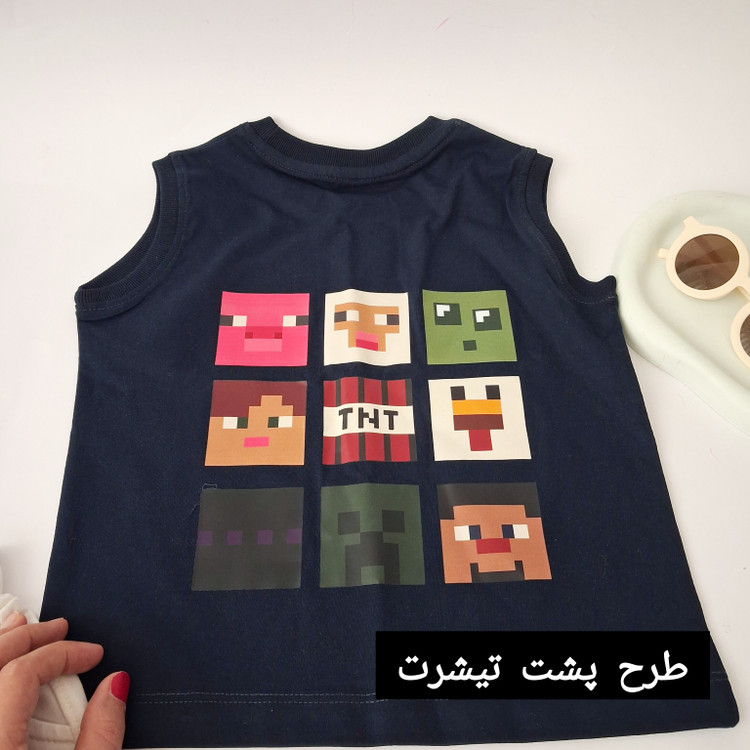 ست لباس تیشرت شلوارک بچگانه ماینکرافت سرمه ای سفید