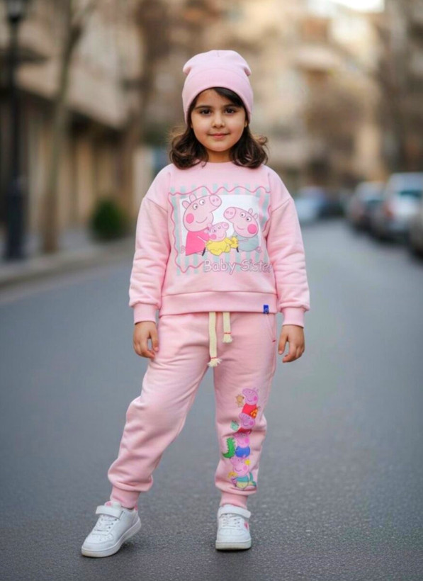 لباس ست بلوز شلوار دورس آستین بلند نوزادی بچگانه نخ پنبه دخترانه صورتی پپاپیگ ۶ماه تا ۴سال